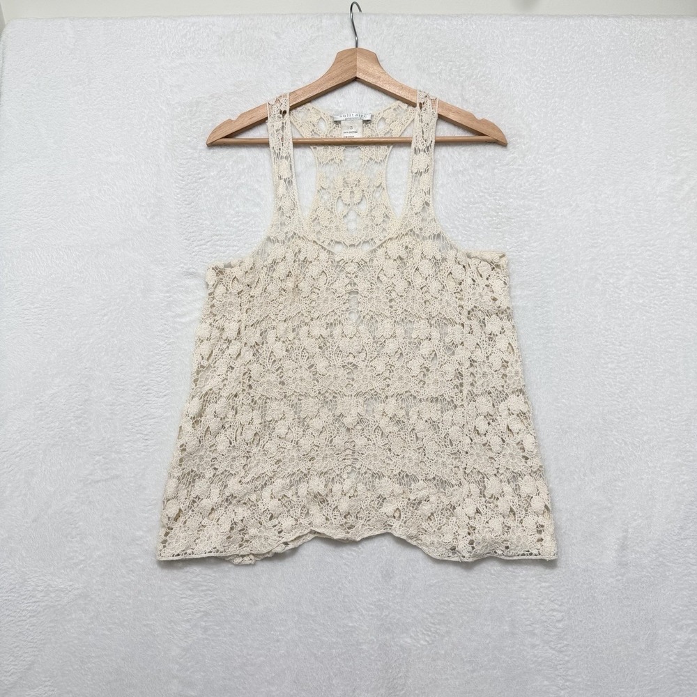 Solitaire Crochet Lace Cream Tank Coverup SM Racerback Beach Boho Spring Break‎
